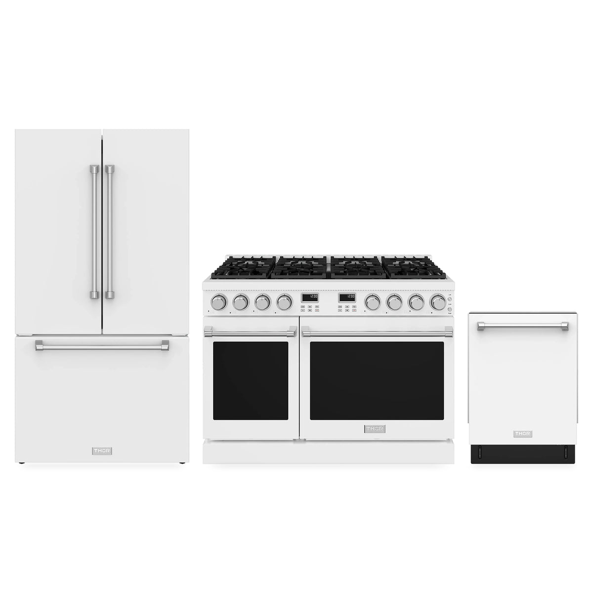Thor Kitchen 3-Piece Appliance Package - 48-Inch Propane Gas Range, Counter-Depth Refrigerator, & Dishwasher in White