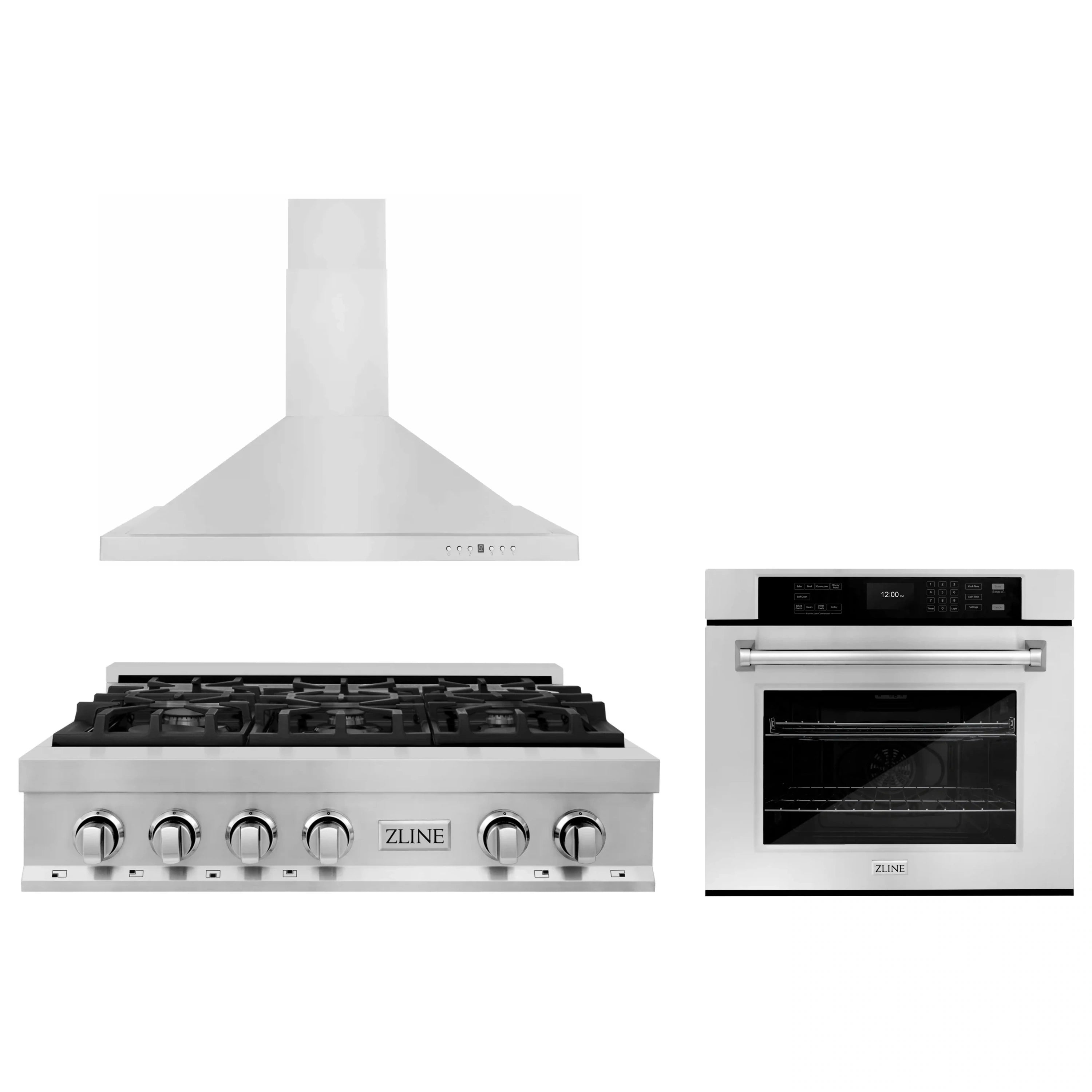 Stainless steel range hood, gas cooktop, and built-in wall oven set