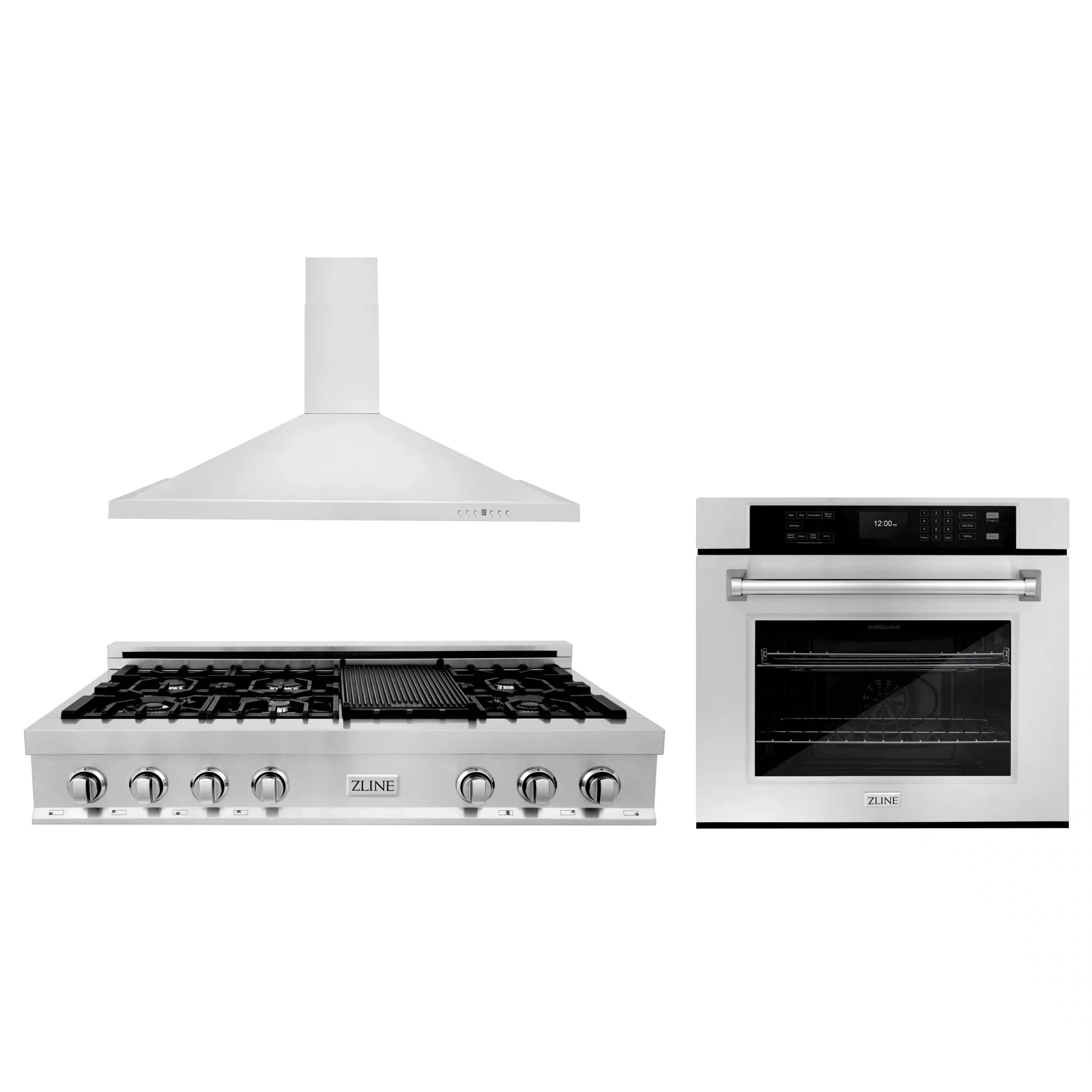 Stainless steel gas range, wall oven, and chimney range hood appliance set