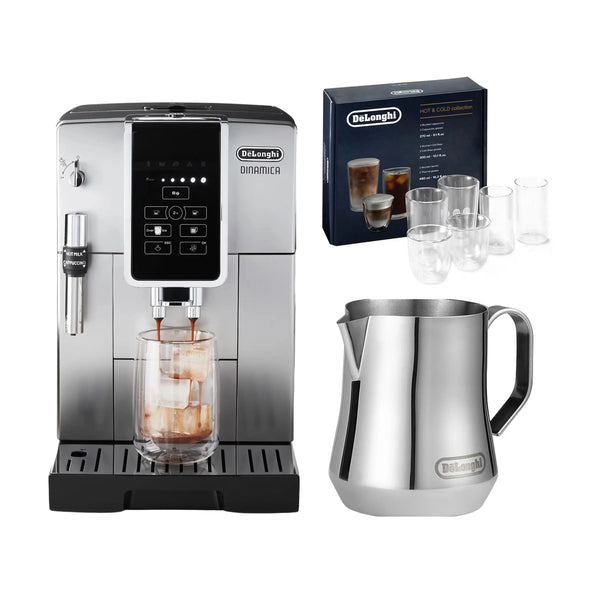 De'Longhi Package - Dinamica Fully Automatic Coffee and Espresso Machine with Hot & Cold Glass Set & Milk Frothing Pitcher