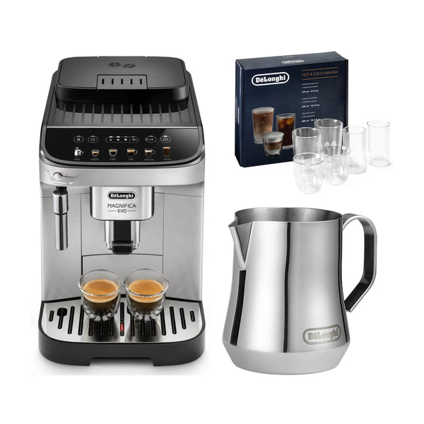 De'Longhi Package - Magnifica Evo Coffee and Espresso Machine with Hot & Cold Glass Set and Milk Frothing Pitcher