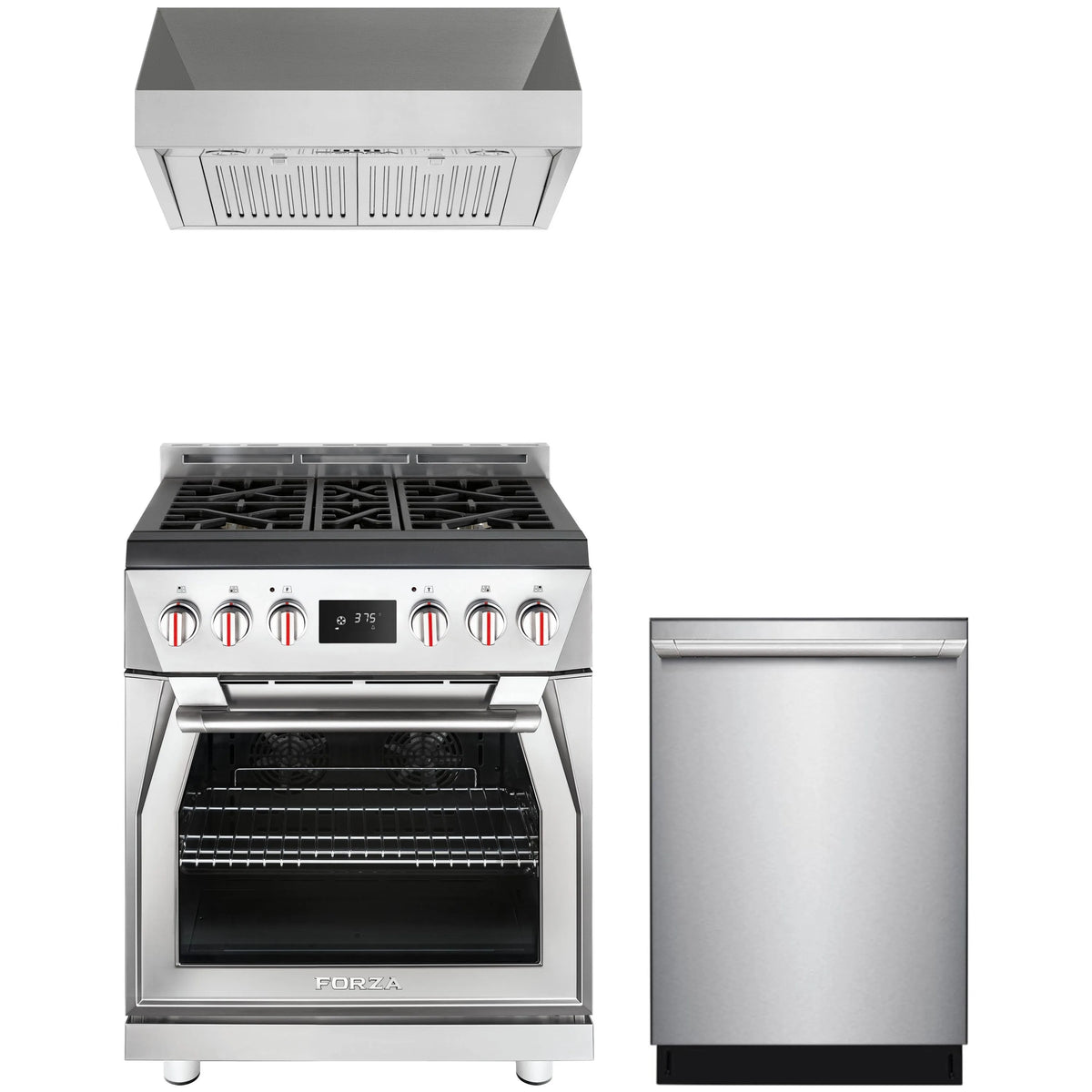 Stainless dual-fuel range with open oven, plus stainless dishwasher and hood