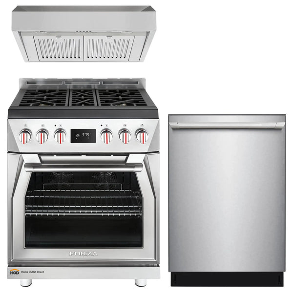 Forza 3-Piece Appliance Package - 30-Inch Dual Fuel Range, 11-Inch Pro-Style Under Cabinet Range Hood, & 24-Inch Dishwasher in Stainless Steel
