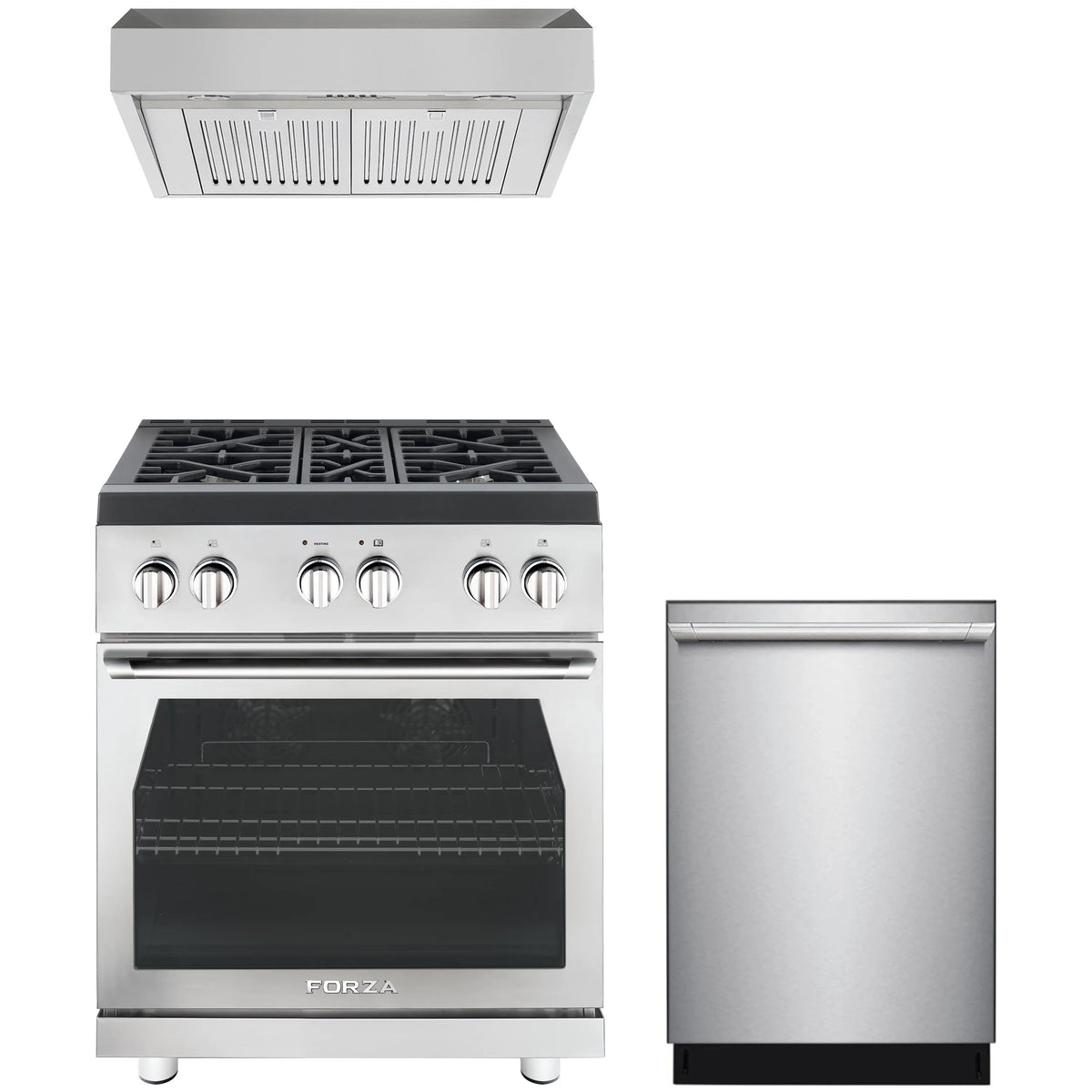 Stainless steel gas range with open oven and control knobs beside built-in dishwasher