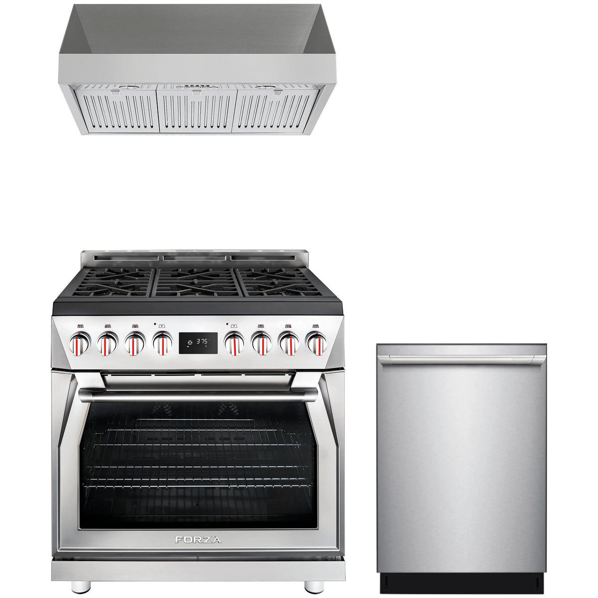 Stainless steel dual fuel range with cooktop knobs, under-cabinet hood, and dishwasher.
