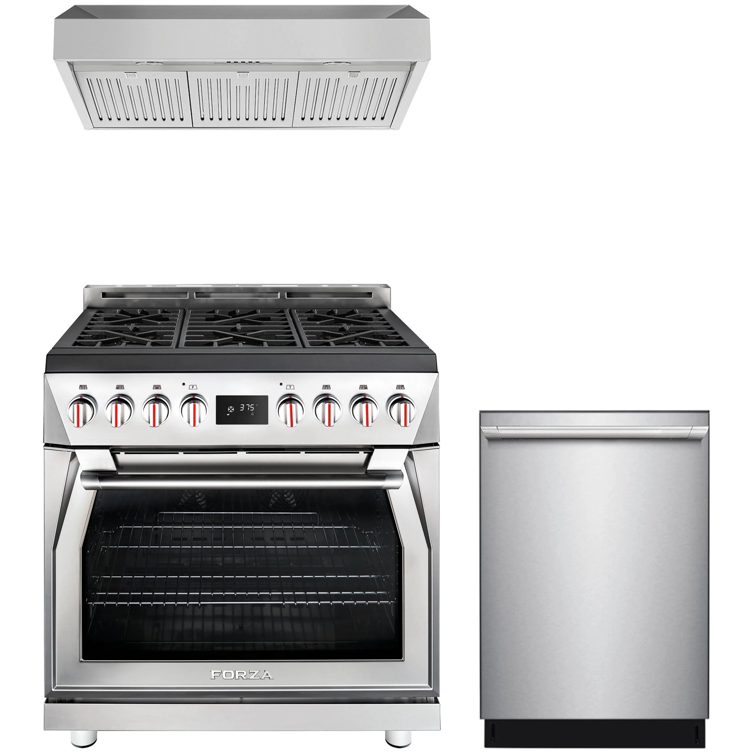 Stainless steel 3-piece appliance set: range, range hood, and dishwasher