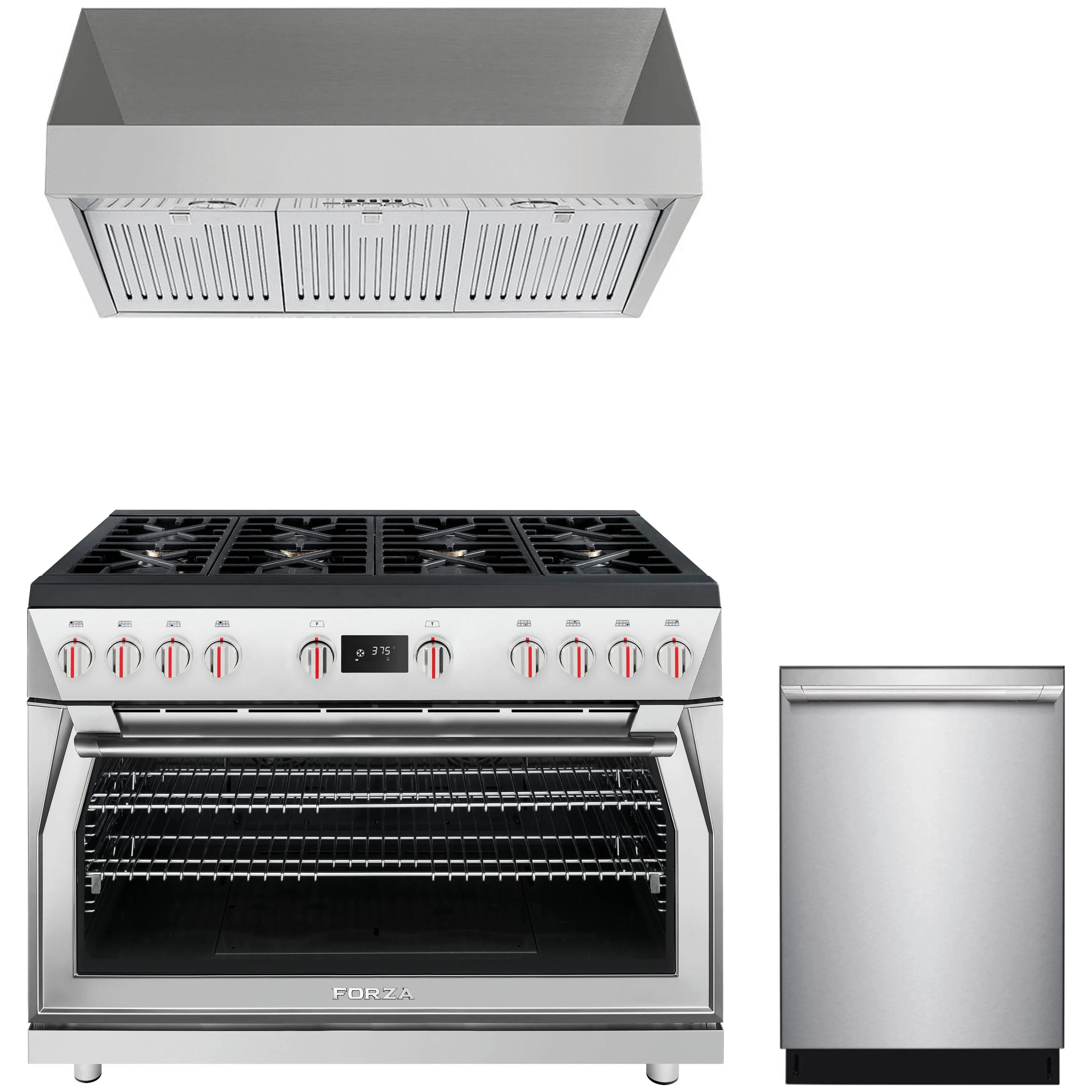 Stainless steel dual fuel range, pro-style hood, and 24-in dishwasher appliance set