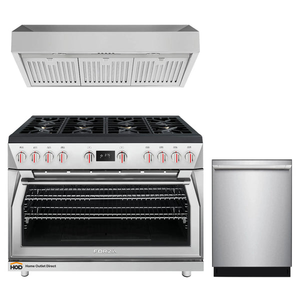 Forza 3-Piece Appliance Package - 48-Inch Dual Fuel Range, Under Cabinet Range Hood, and 24-Inch Dishwasher in Stainless Steel