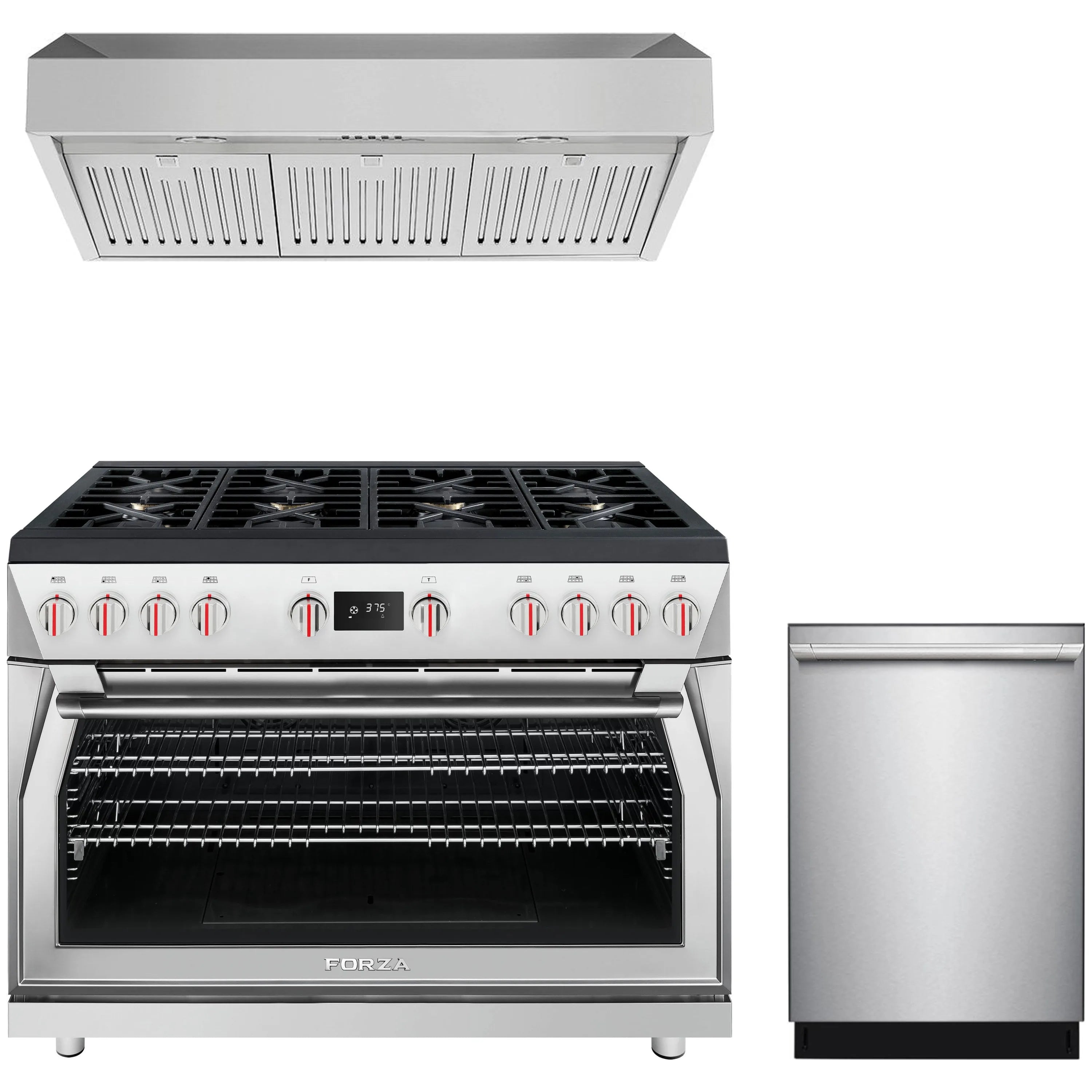 Stainless steel dual fuel range with open oven, under-cabinet hood, and dishwasher