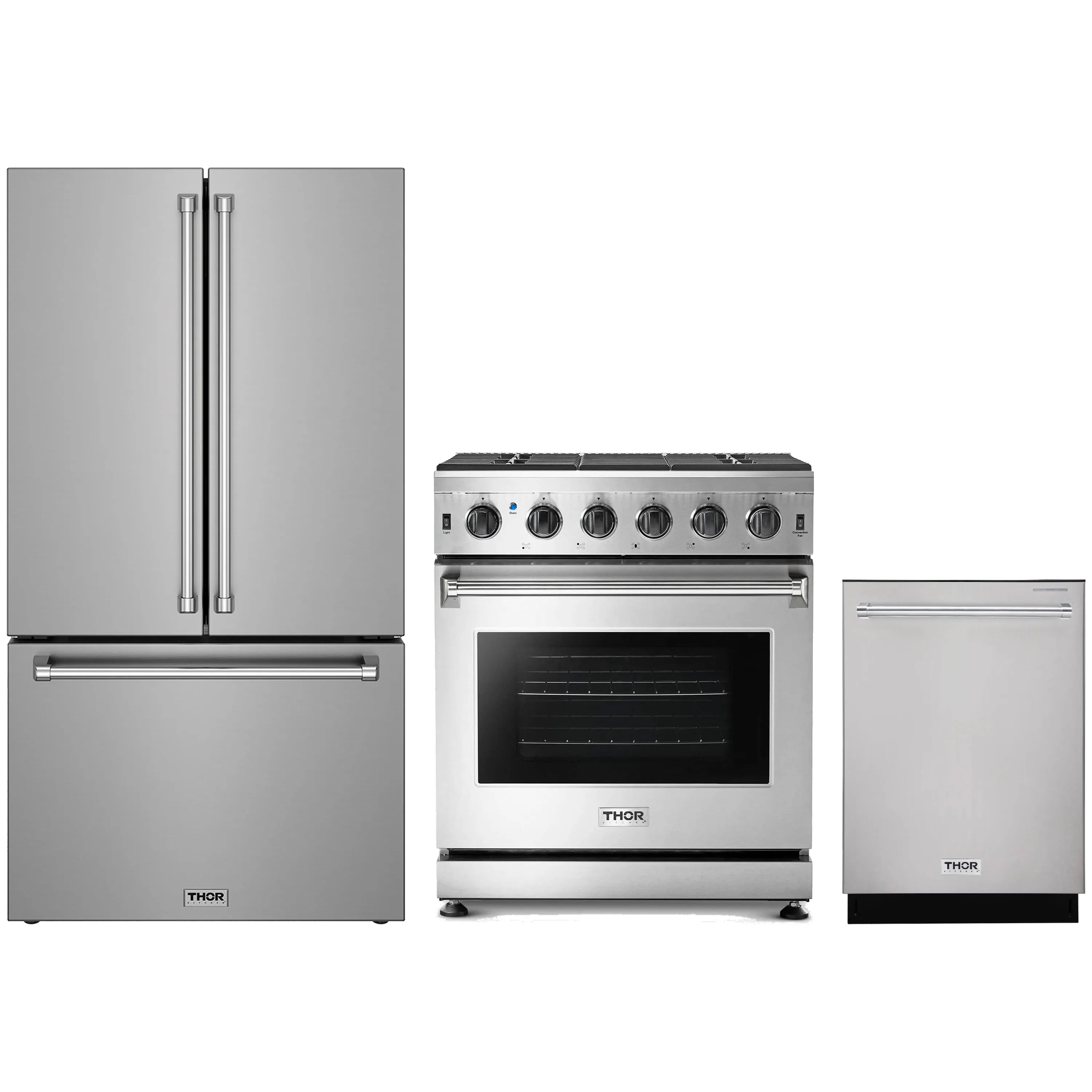 Stainless steel appliance package with refrigerator, gas range oven, and dishwasher