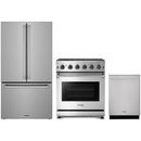 Stainless steel Thor Kitchen appliance package with 30-inch range, counter-depth refrigerator, dishwasher