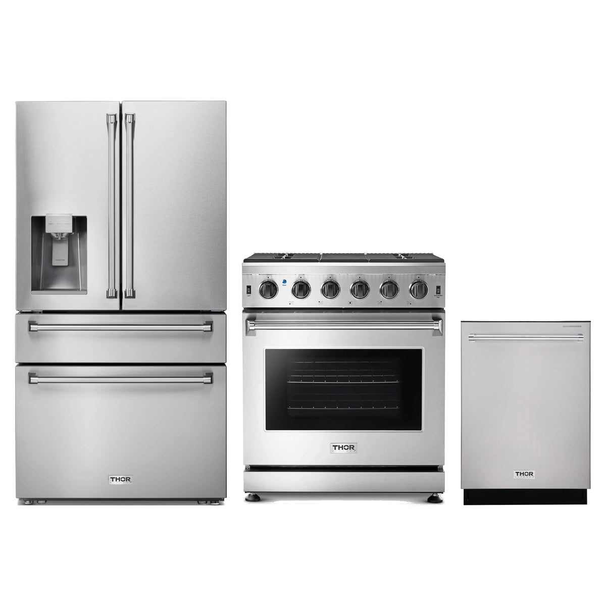 Thor Kitchen 3-Piece Appliance Package - 30-Inch Natural Gas Range, Refrigerator with Water Dispenser, & Dishwasher in Stainless Steel