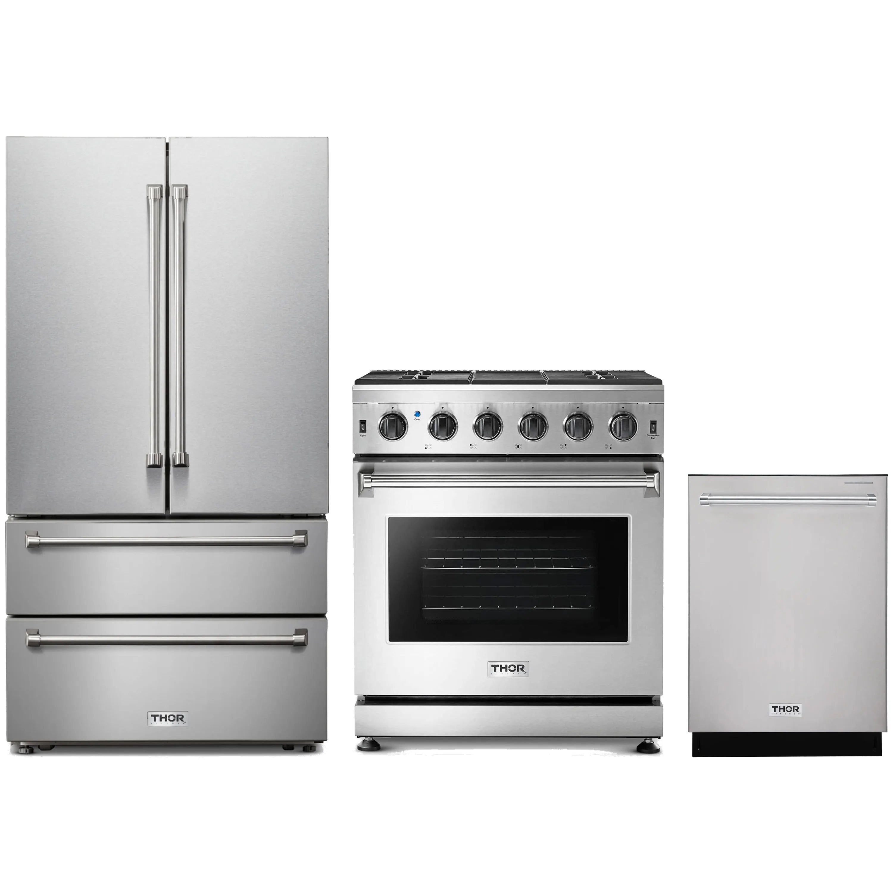 Stainless steel 3-piece appliance package with French door refrigerator, gas range, and dishwasher