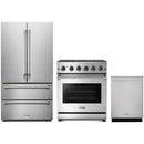 Stainless steel Thor Kitchen appliance package with 30-inch range, french door refrigerator, dishwasher