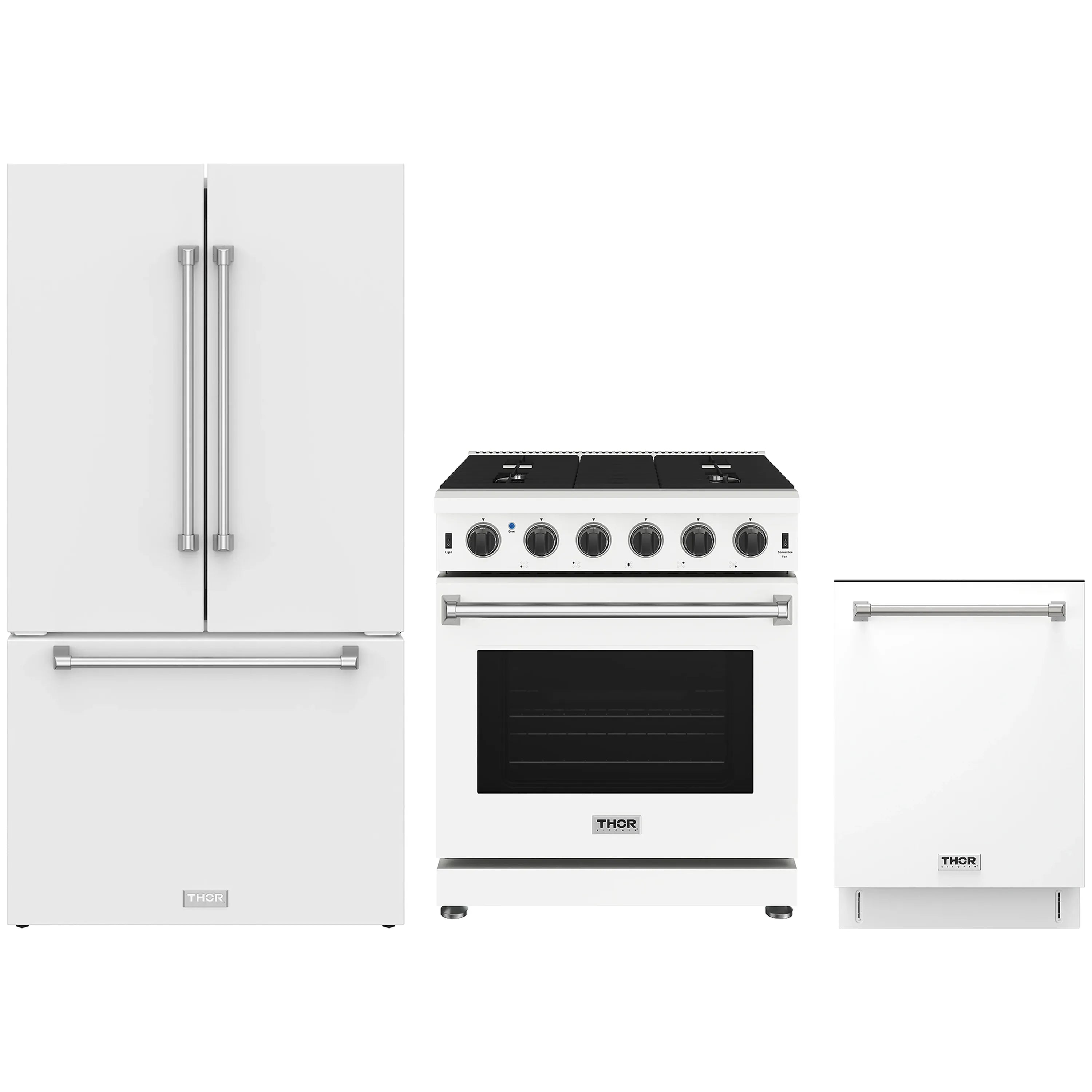 White appliance set: refrigerator, range oven, and dishwasher