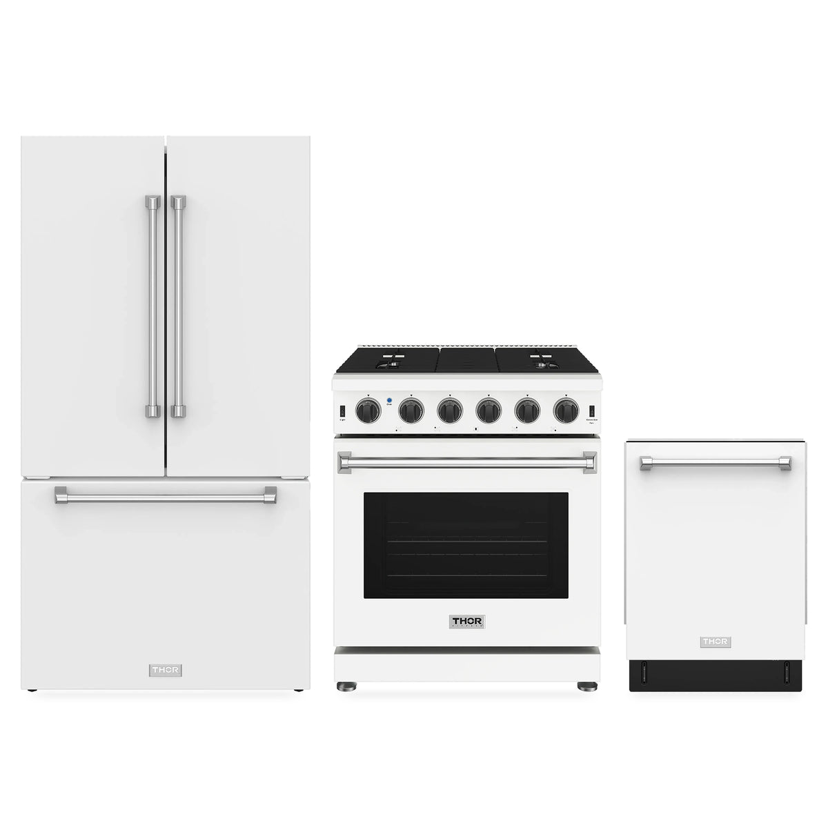 Thor Kitchen 3-Piece Appliance Package - 30-Inch Propane Gas Range, Counter-Depth Refrigerator, & Dishwasher in White