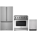 Stainless steel Thor Kitchen appliance package with 36-inch range, counter-depth refrigerator, dishwasher