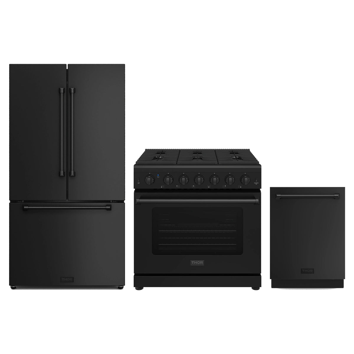 Thor Kitchen 3-Piece Appliance Package - 36-Inch Propane Gas Range, Counter-Depth Refrigerator, & Dishwasher in Black
