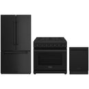 Black Thor Kitchen appliance package with 36-inch range, french door refrigerator, dishwasher