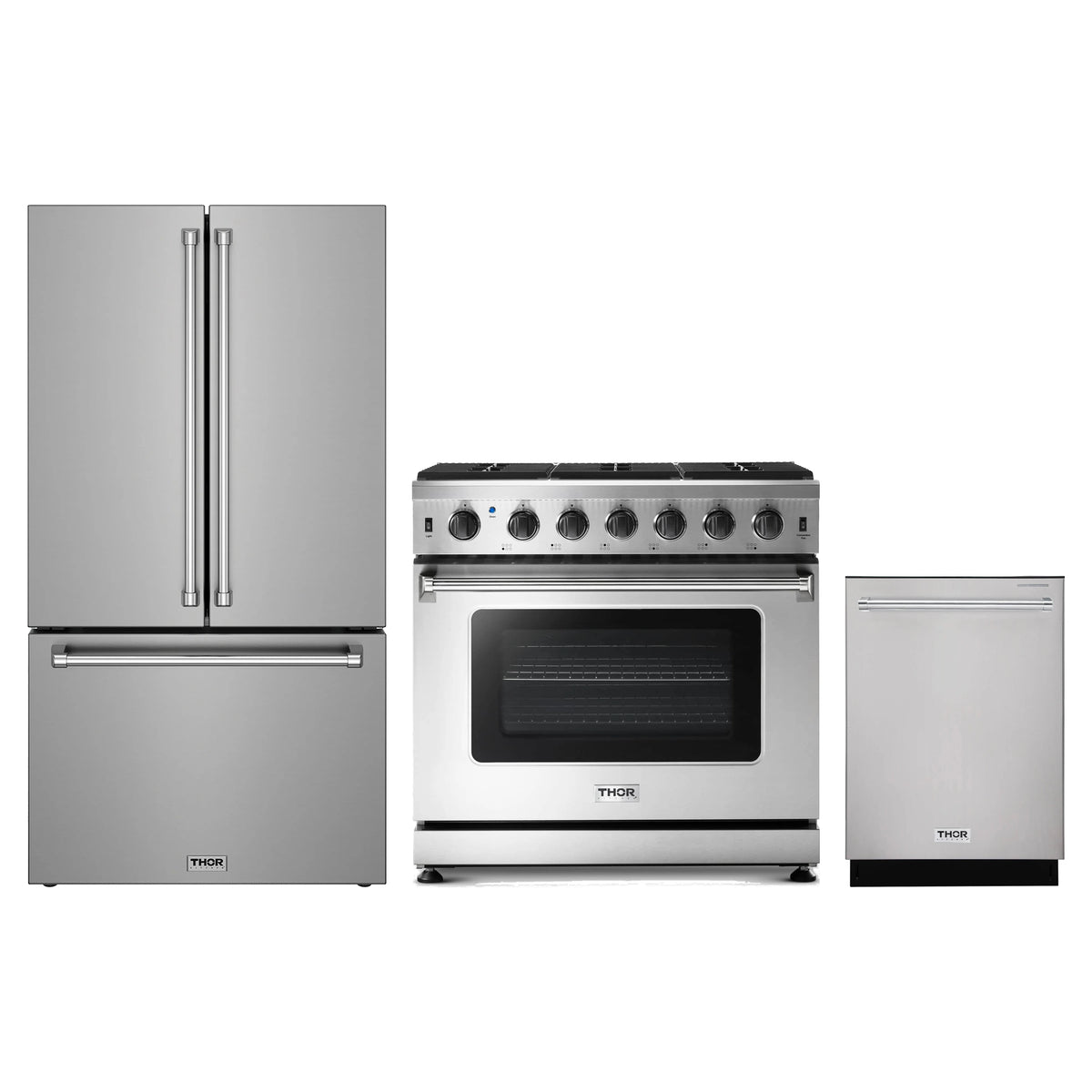 Thor Kitchen 3-Piece Appliance Package - 36-Inch Propane Gas Range, Counter-Depth Refrigerator, & Dishwasher in Stainless Steel