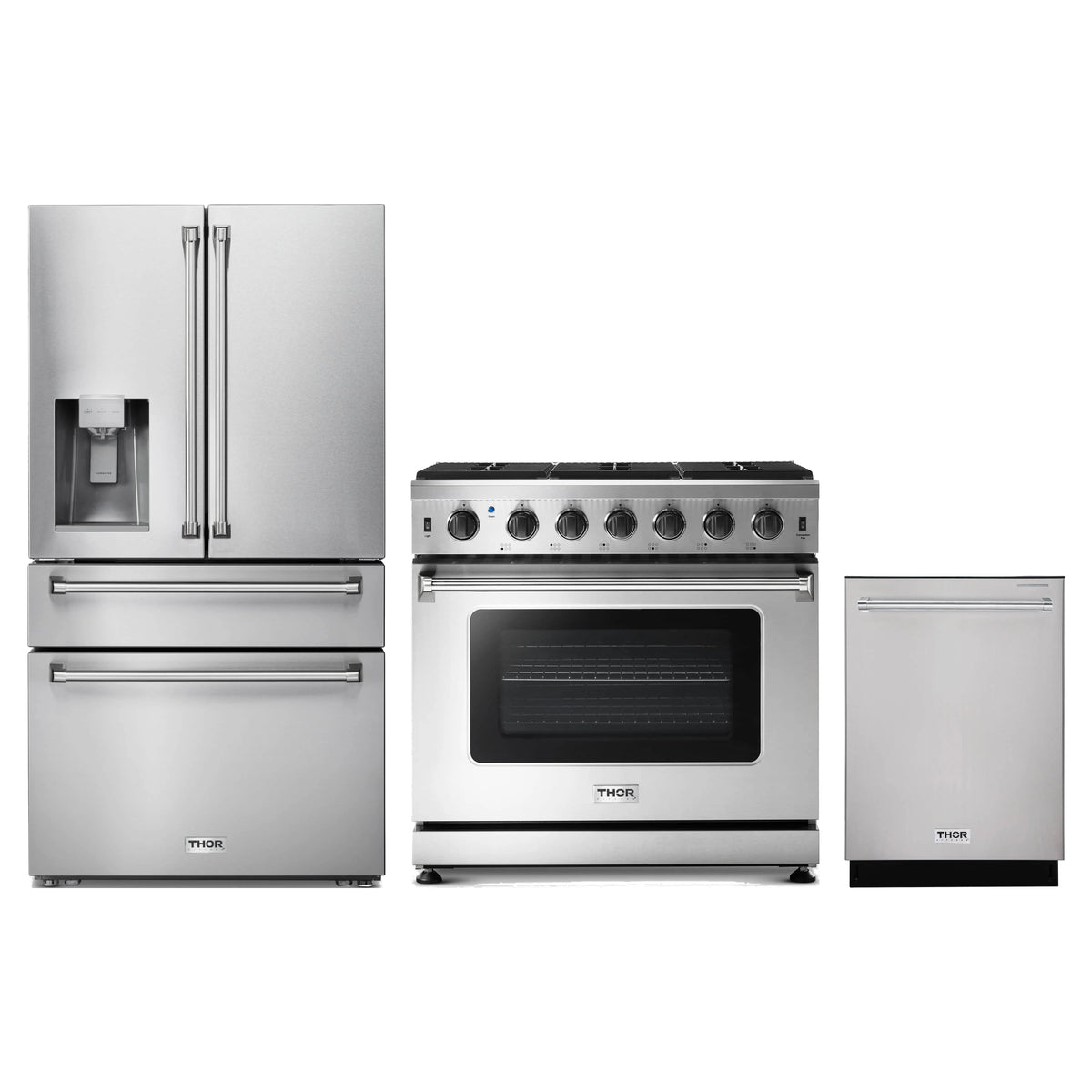 Thor Kitchen 3-Piece Appliance Package - 36-Inch Propane Gas Range, Refrigerator with Water Dispenser, & Dishwasher in Stainless Steel