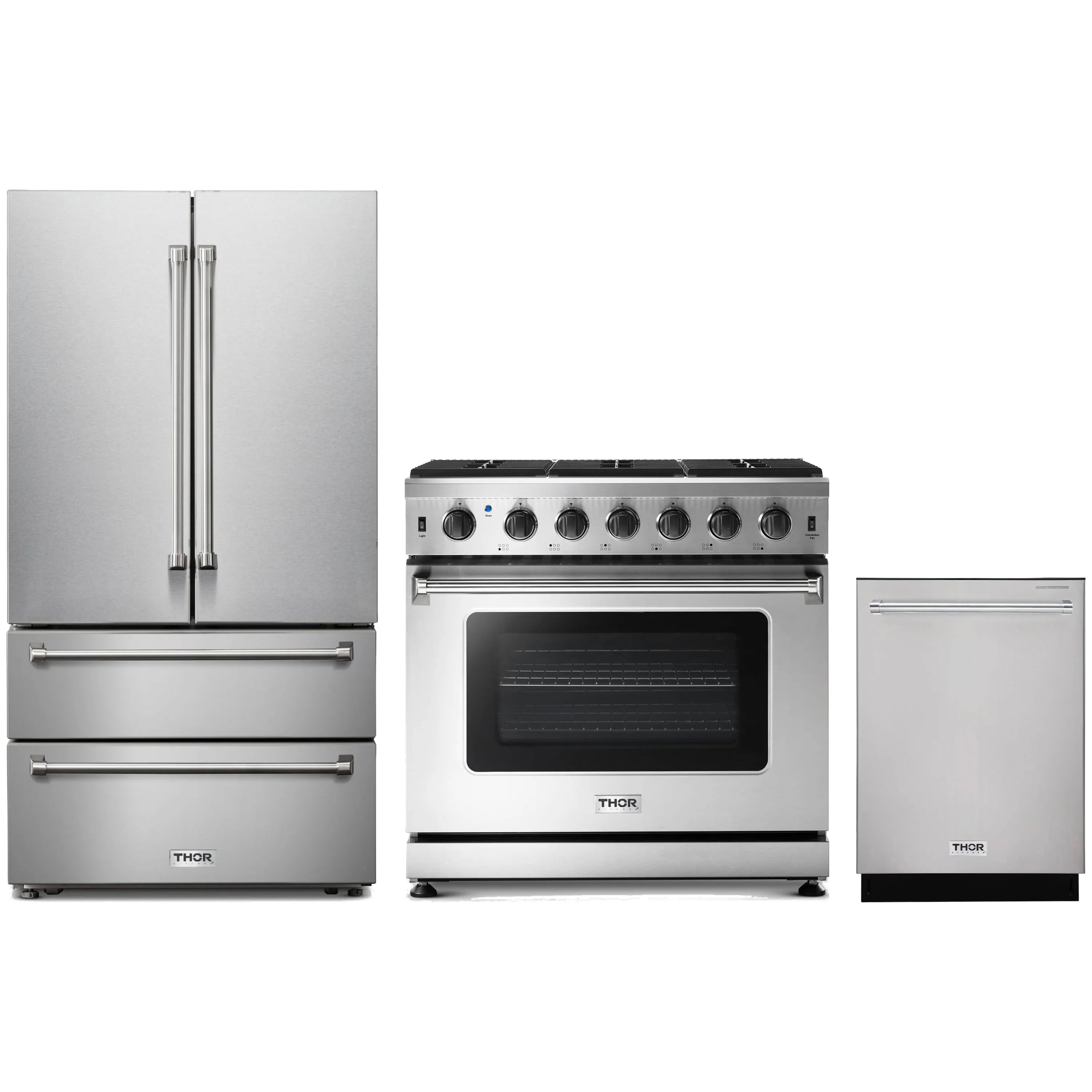 Stainless steel kitchen appliance set: refrigerator, gas range, and dishwasher side-by-side