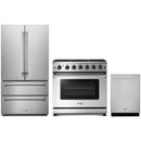 Stainless steel Thor Kitchen appliance package with 36-inch range, french door refrigerator, dishwasher