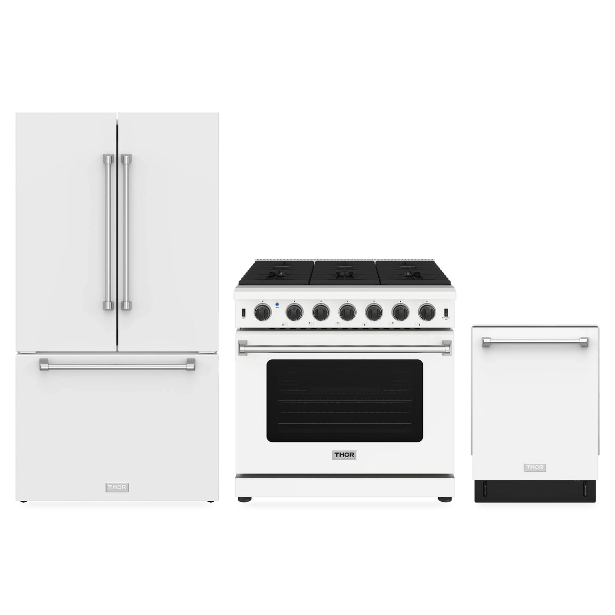 Thor Kitchen 3-Piece Appliance Package - 36-Inch Propane Gas Range, Counter-Depth Refrigerator, & Dishwasher in White