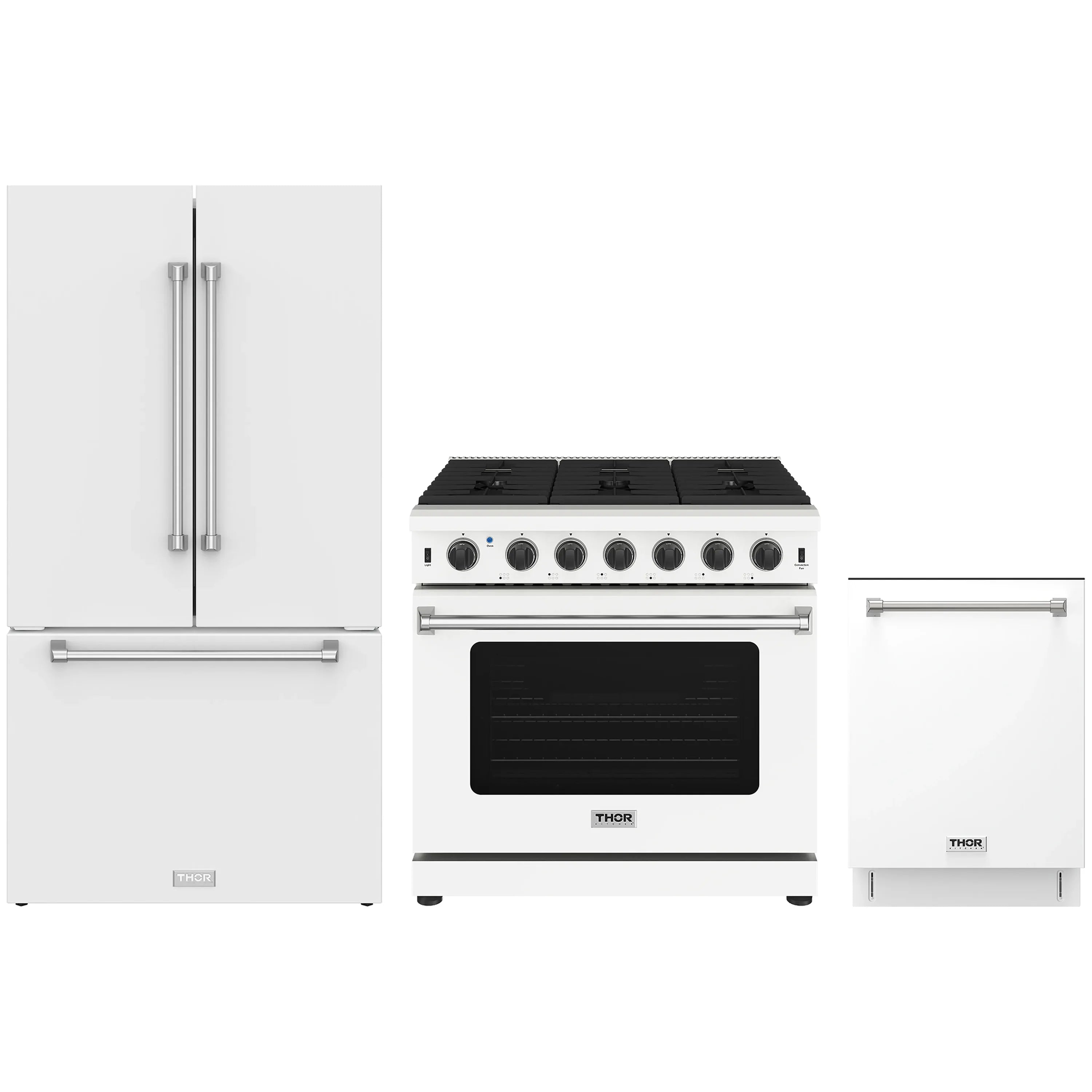 White kitchen appliance package with freestanding range, French door refrigerator, and dishwasher