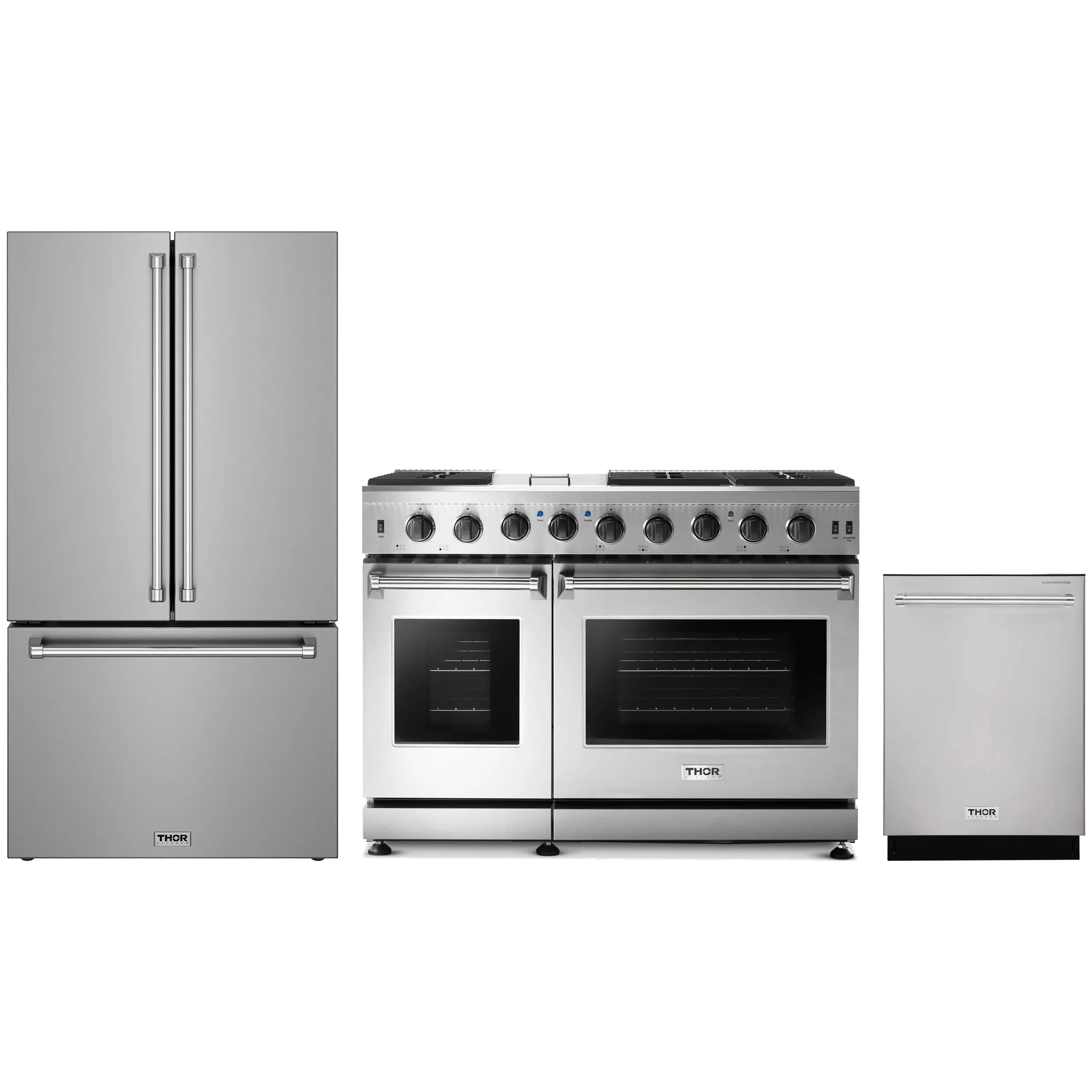 Stainless steel 3-piece appliance package with gas range, counter-depth refrigerator, and dishwasher