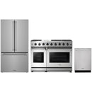 Stainless steel Thor Kitchen appliance package with 48-inch range, counter-depth refrigerator, dishwasher