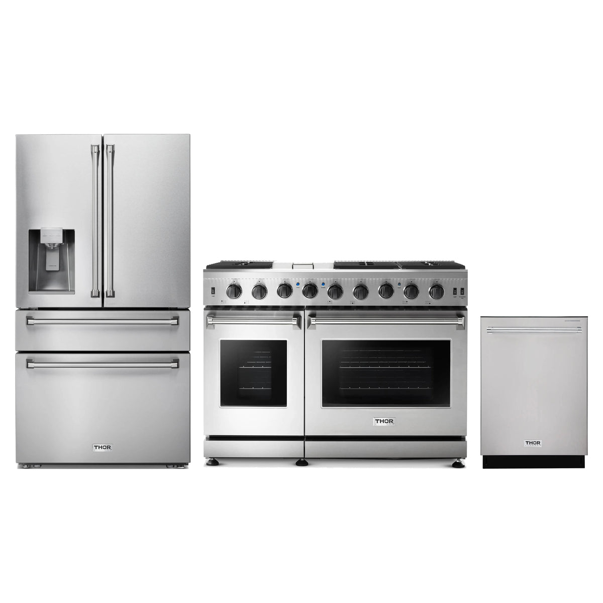Thor Kitchen 3-Piece Appliance Package - 48-Inch Natural Gas Range, Refrigerator with Water Dispenser, & Dishwasher in Stainless Steel