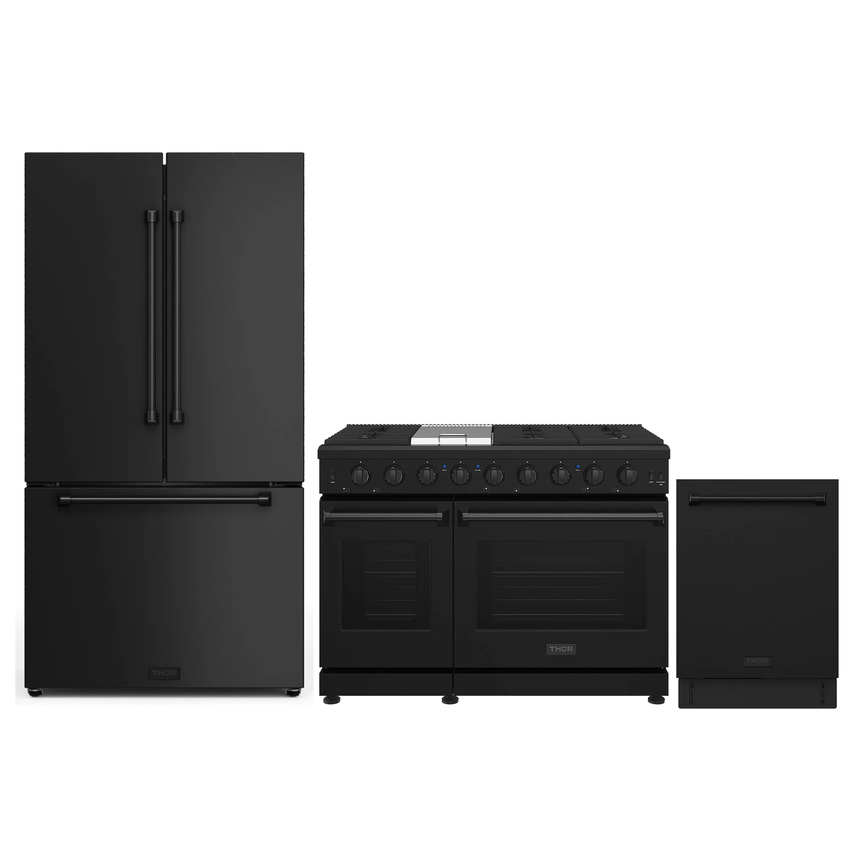 Black 3-piece kitchen appliance package: refrigerator, range, and dishwasher