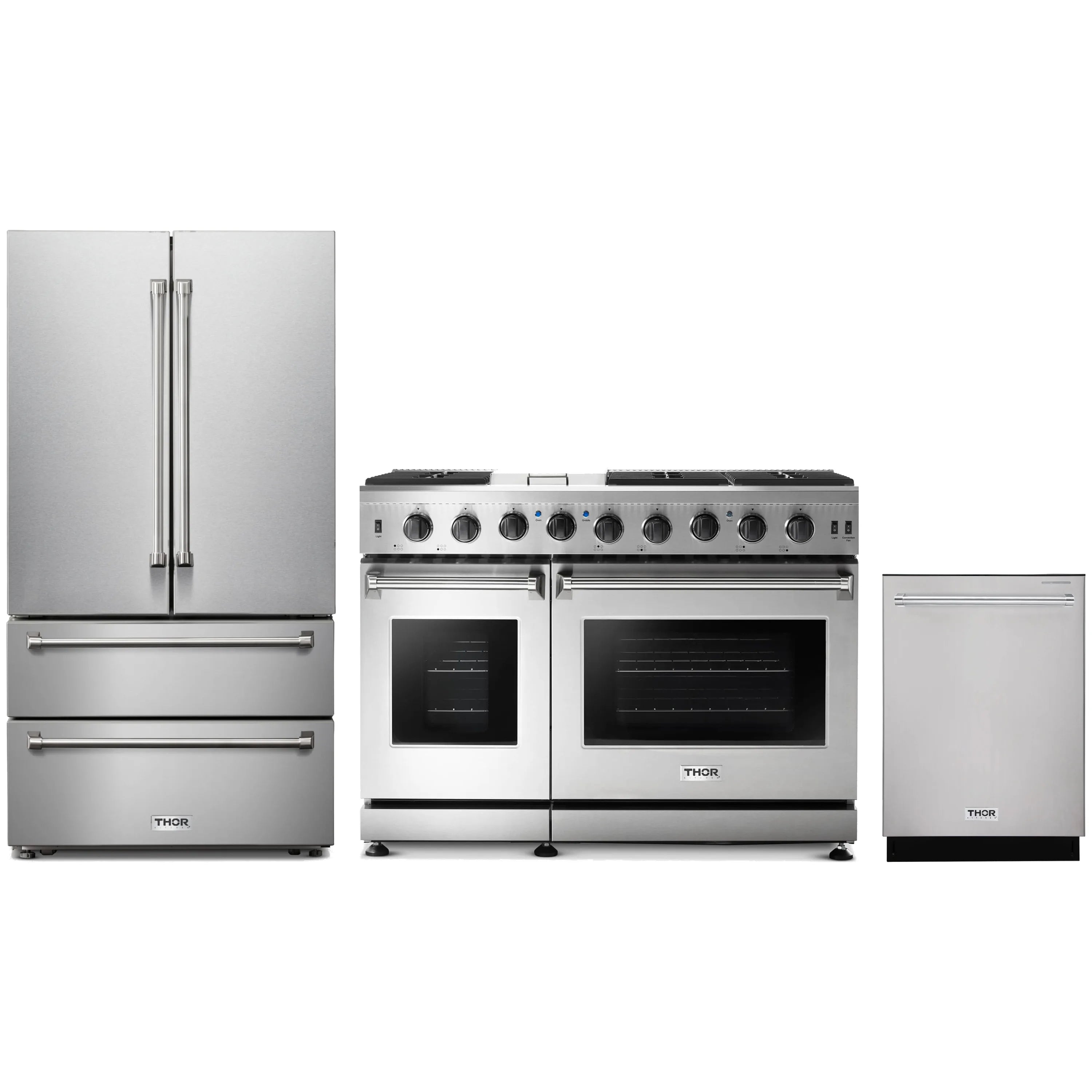 Stainless steel propane gas range with double oven doors and control knobs