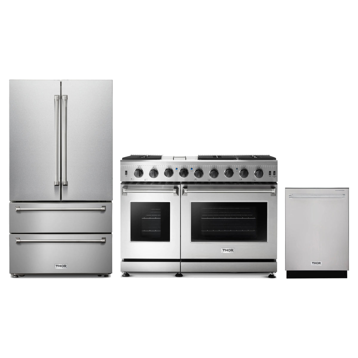 Thor Kitchen 3-Piece Appliance Package - 48-Inch Propane Gas Range, French Door Refrigerator, & Dishwasher in Stainless Steel