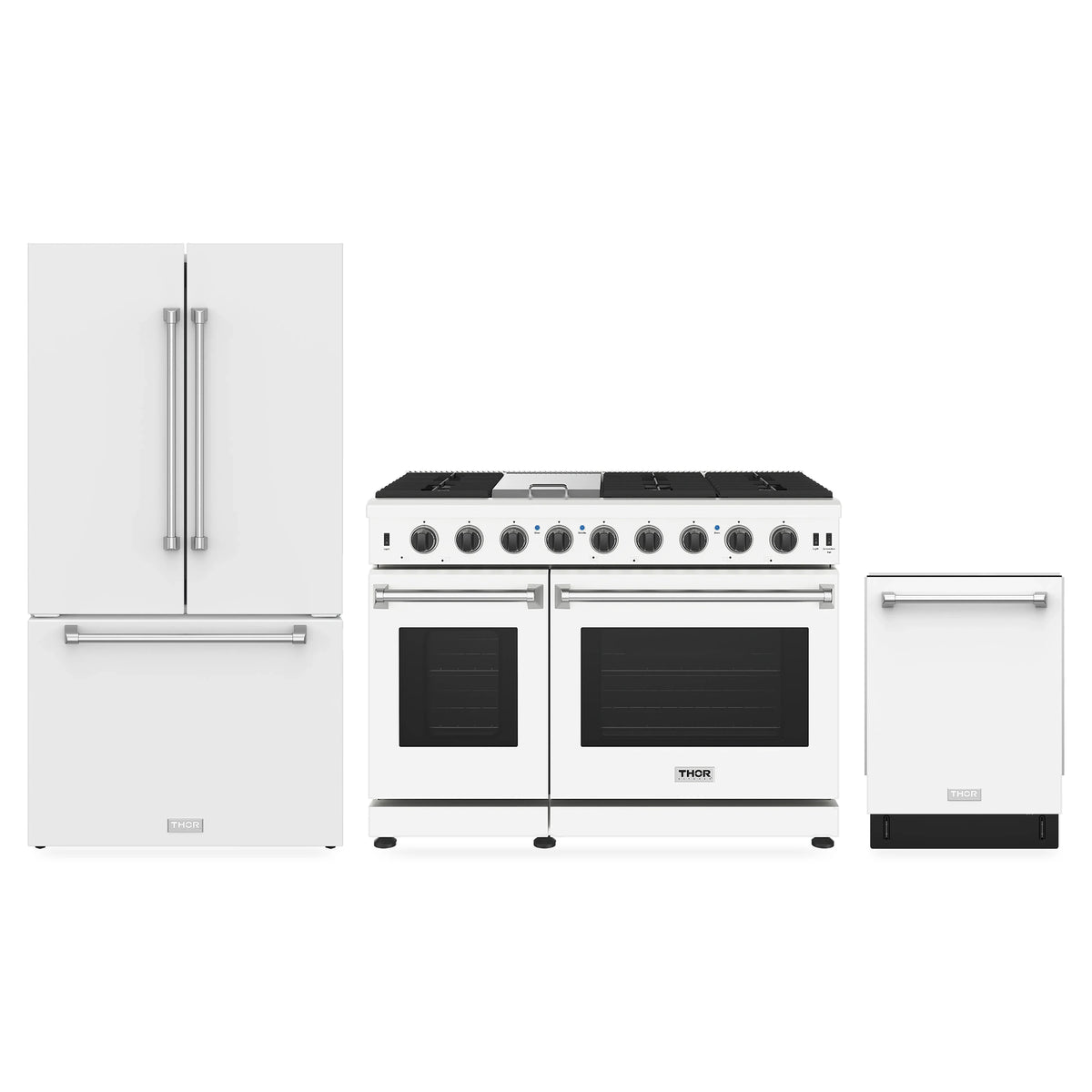 Thor Kitchen 3-Piece Appliance Package - 48-Inch Propane Gas Range, Counter-Depth Refrigerator, & Dishwasher in White