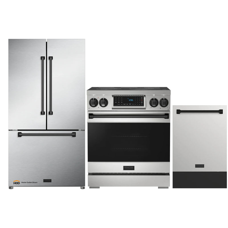 Thor Kitchen Gordon Ramsay 3-Piece Appliance Package - 30-Inch Electric Range with Tilt Panel Touch Control, Refrigerator, and Dishwasher in Stainless Steel with Black Trim