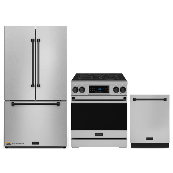 Thor Kitchen Gordon Ramsay 3-Piece Appliance Package - 30-Inch Electric Range with Tilt Panel Touch Control, 36-Inch Refrigerator, and Dishwasher in Stainless Steel with Black Trim