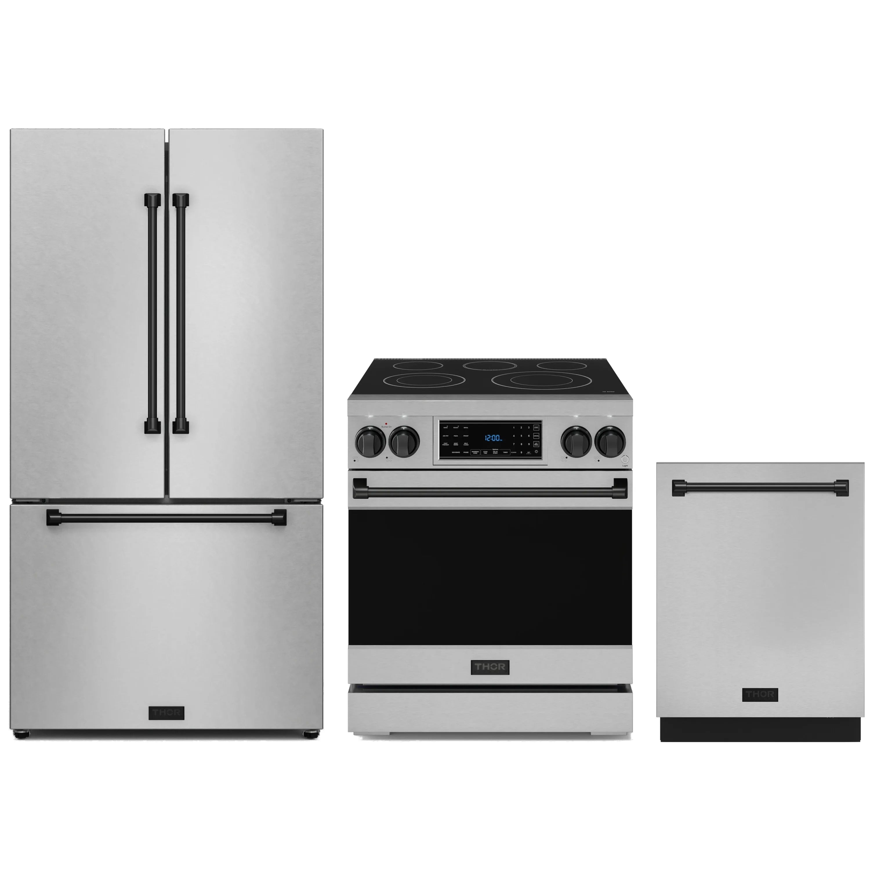 Stainless steel appliance package with black-trim electric range, refrigerator, dishwasher