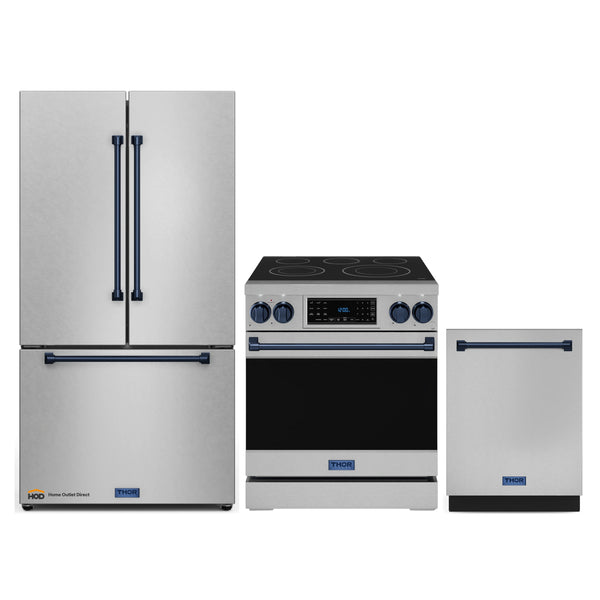 Thor Kitchen Gordon Ramsay 3-Piece Appliance Package - 30-Inch Electric Range with Tilt Panel Touch Control, 36-Inch Refrigerator, and Dishwasher in Stainless Steel with Blue Trim