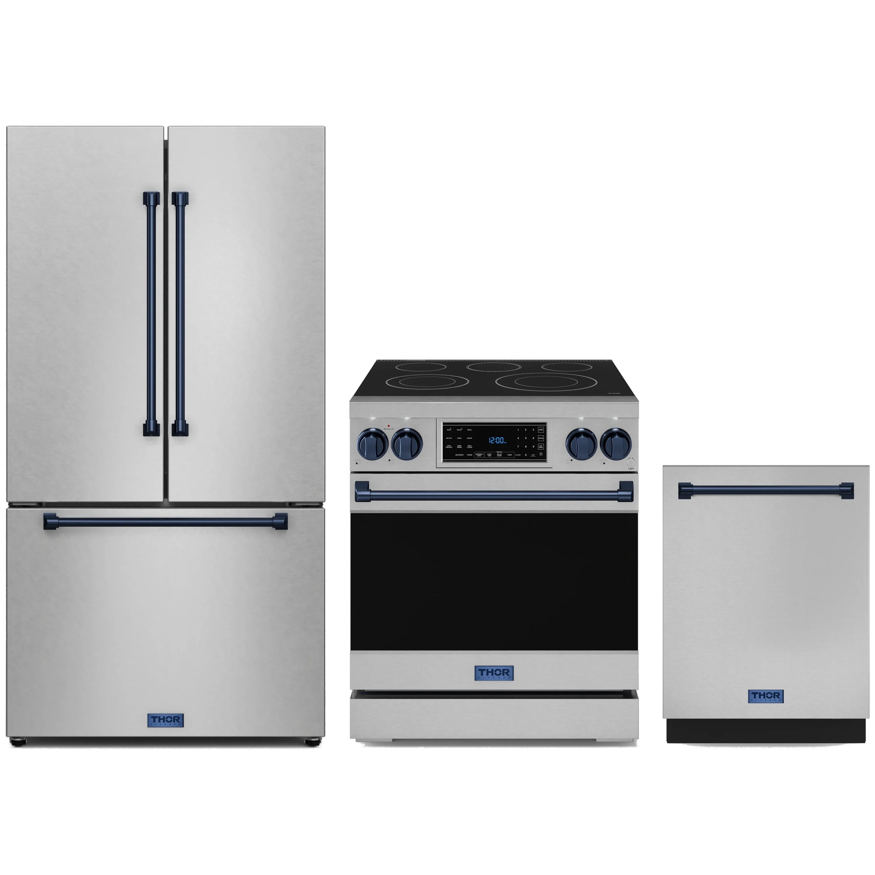 Stainless steel kitchen appliance package with blue trim: refrigerator, electric range, dishwasher