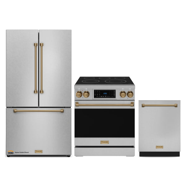 Thor Kitchen Gordon Ramsay 3-Piece Appliance Package - 30-Inch Electric Range with Tilt Panel Touch Control, 36-Inch Refrigerator, and Dishwasher in Stainless Steel with Bronze Trim