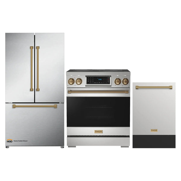 Thor Kitchen Gordon Ramsay 3-Piece Appliance Package - 30-Inch Electric Range with Tilt Panel Touch Control, Refrigerator, and Dishwasher in Stainless Steel with Bronze Trim