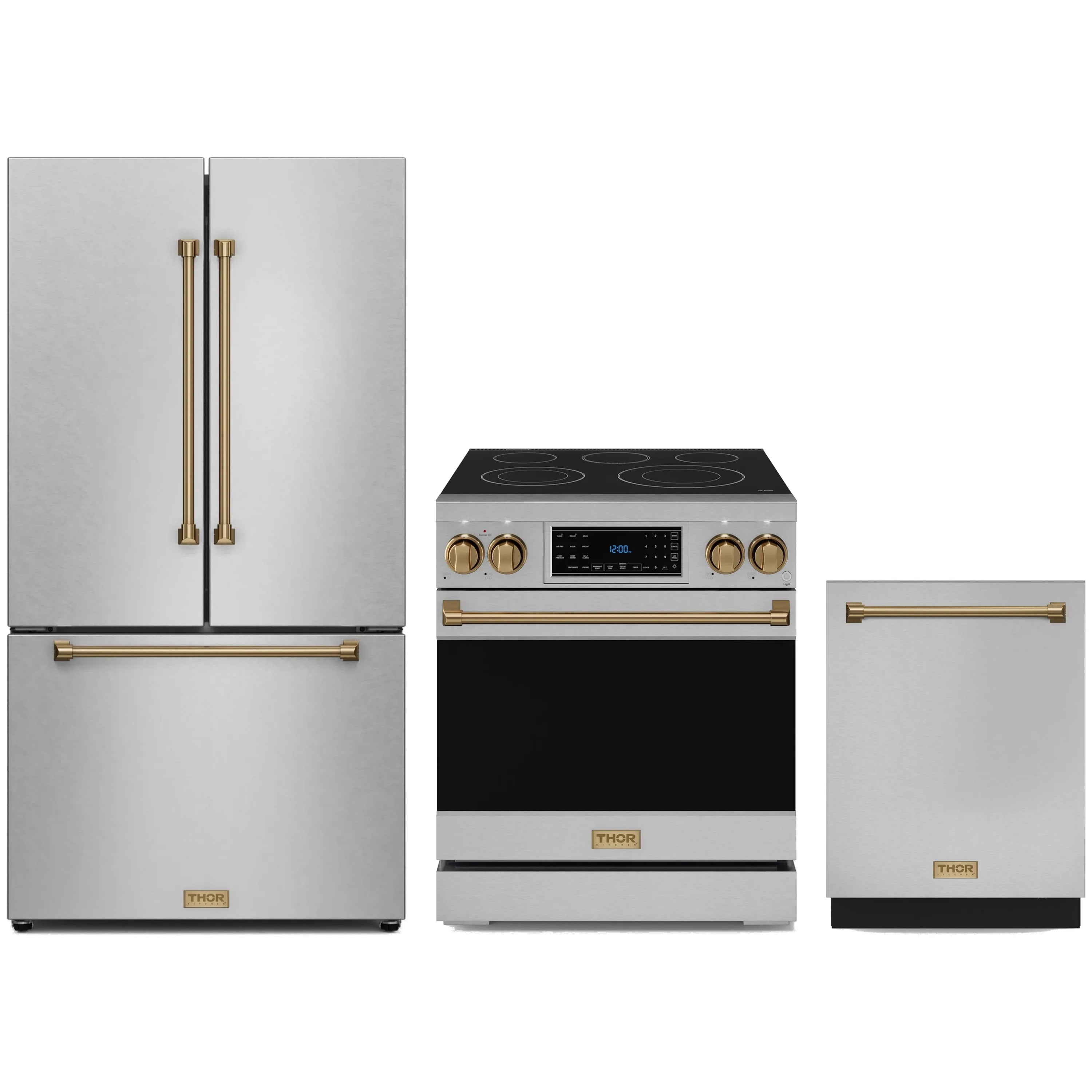 Stainless steel 3-piece appliance package with bronze-trim range, fridge, and dishwasher