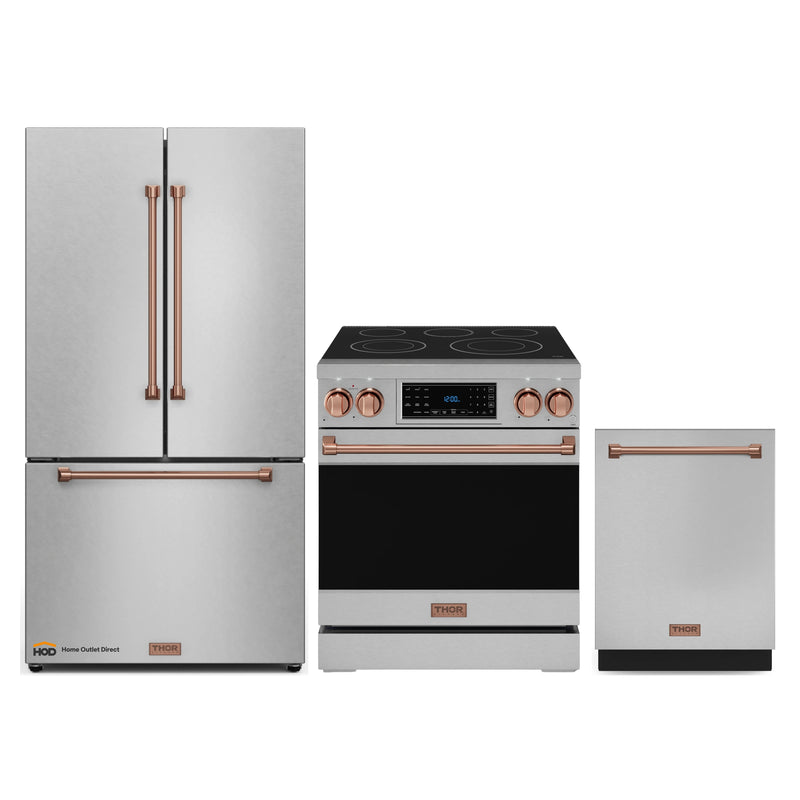 Thor Kitchen Gordon Ramsay 3-Piece Appliance Package - 30-Inch Electric Range with Tilt Panel Touch Control, 36-Inch Refrigerator, and Dishwasher in Stainless Steel with Rose Gold Trim