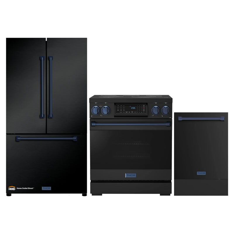 Thor Kitchen Gordon Ramsay 3-Piece Appliance Package - 30-Inch Electric Range with Tilt Panel Touch Control, Refrigerator, and Dishwasher in Black with Blue Trim