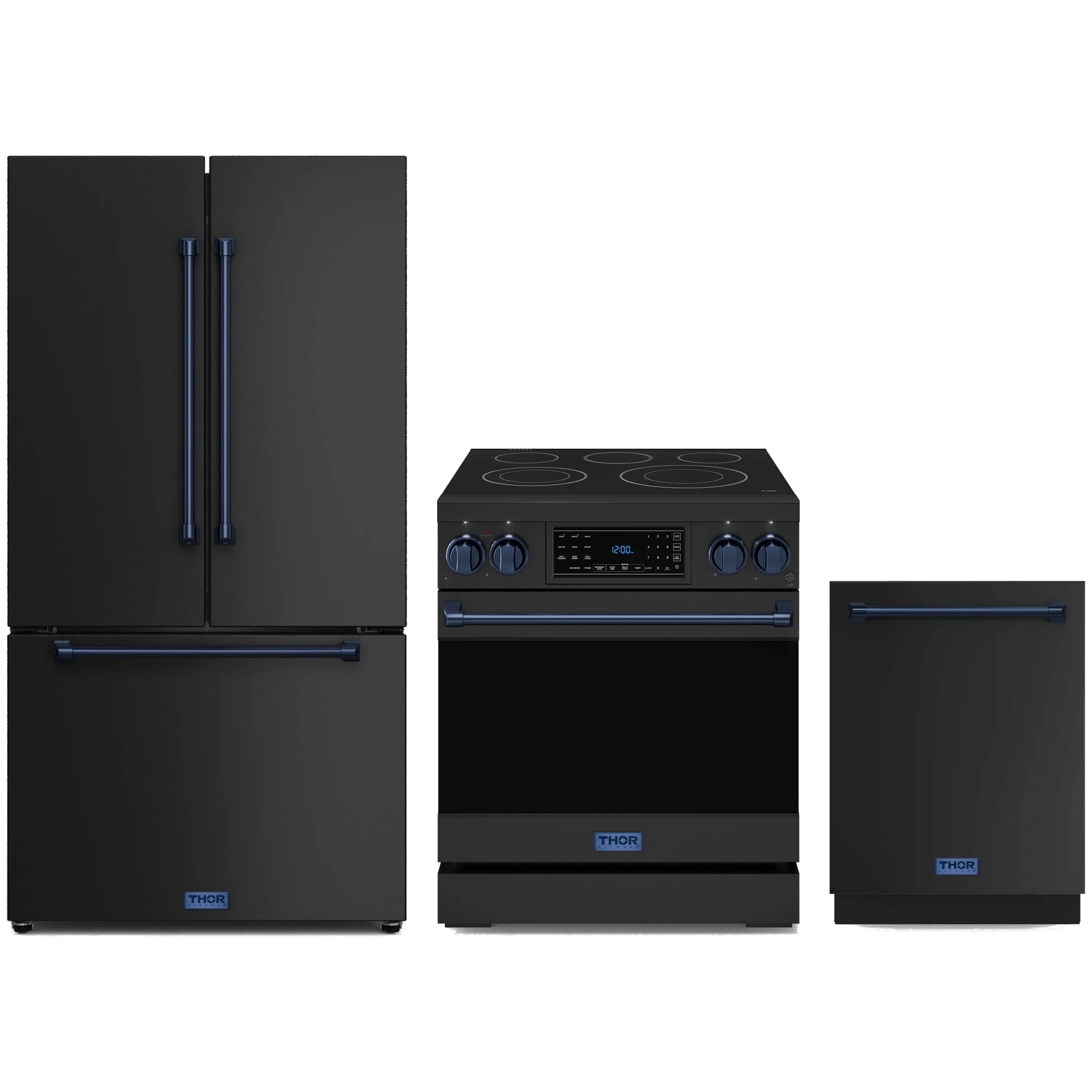 Black appliance package with blue trim: refrigerator, electric range, and dishwasher set