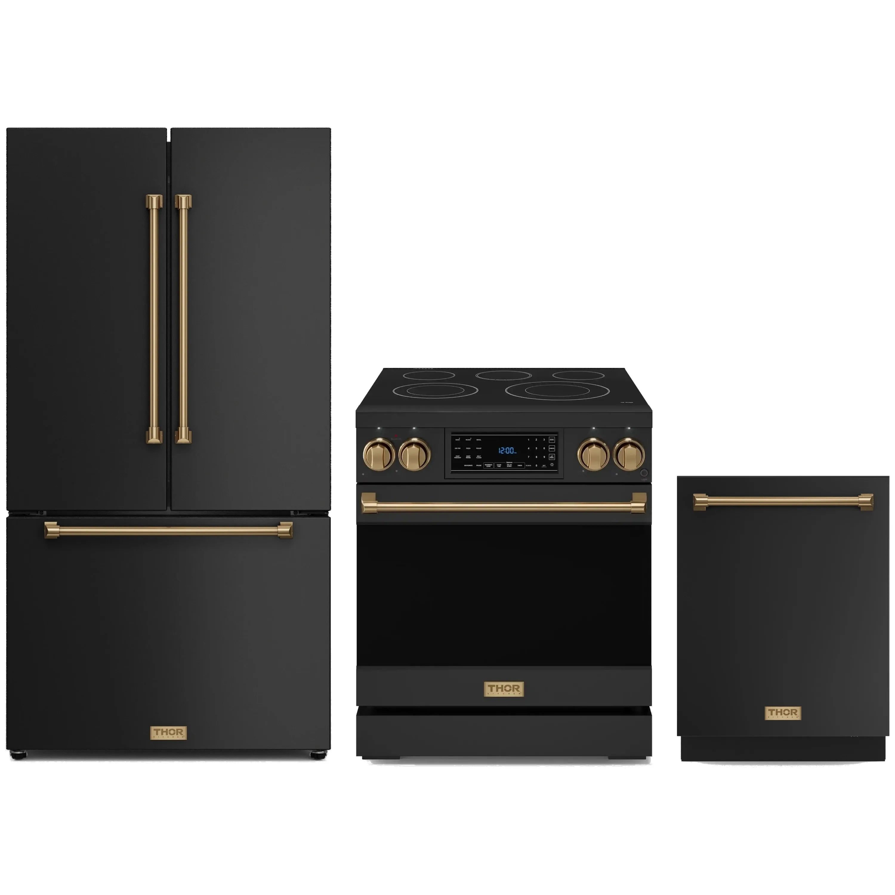 Black 3-piece appliance package: electric range, refrigerator, and dishwasher with bronze trim