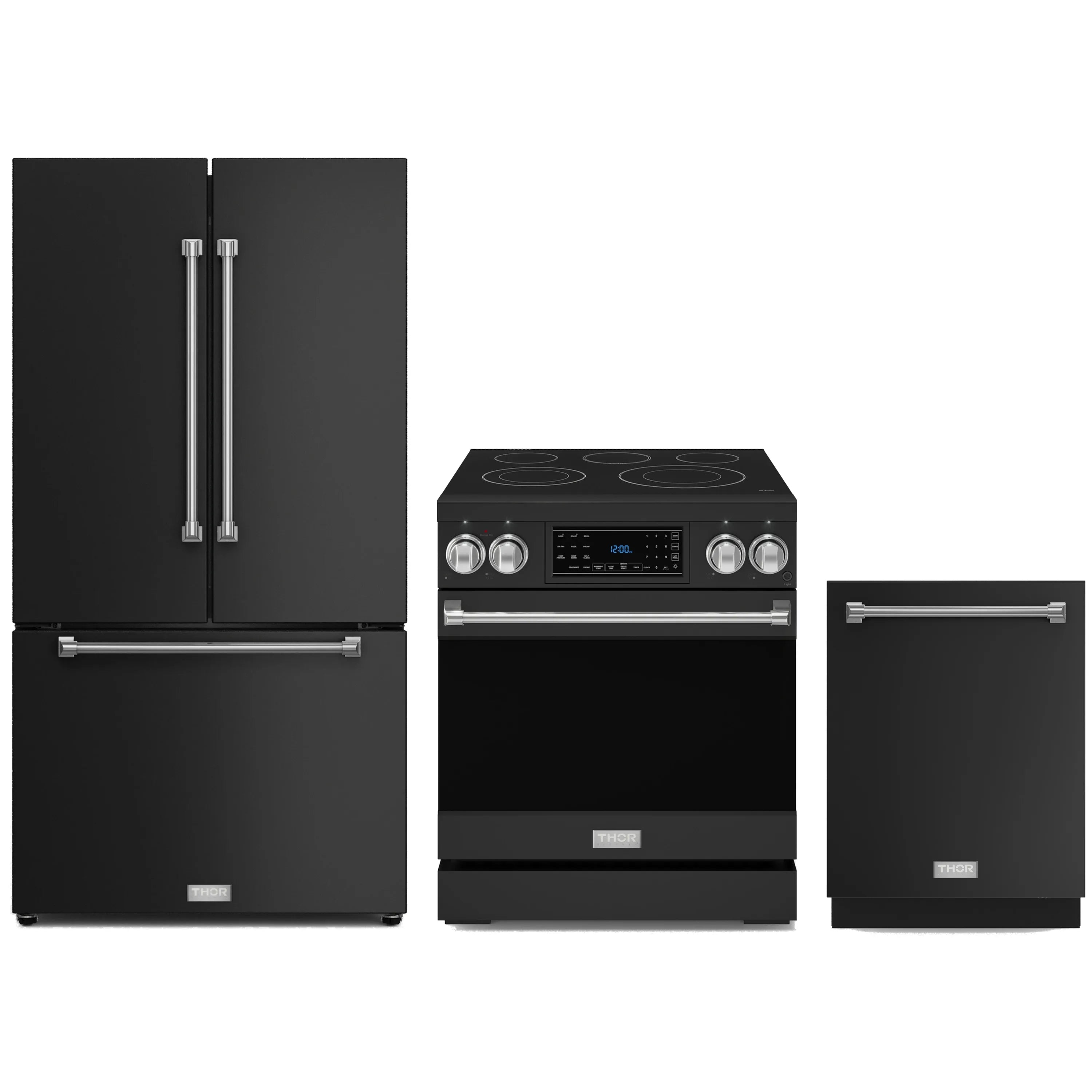 Black electric range, refrigerator, and dishwasher with stainless steel trim, 3-piece set