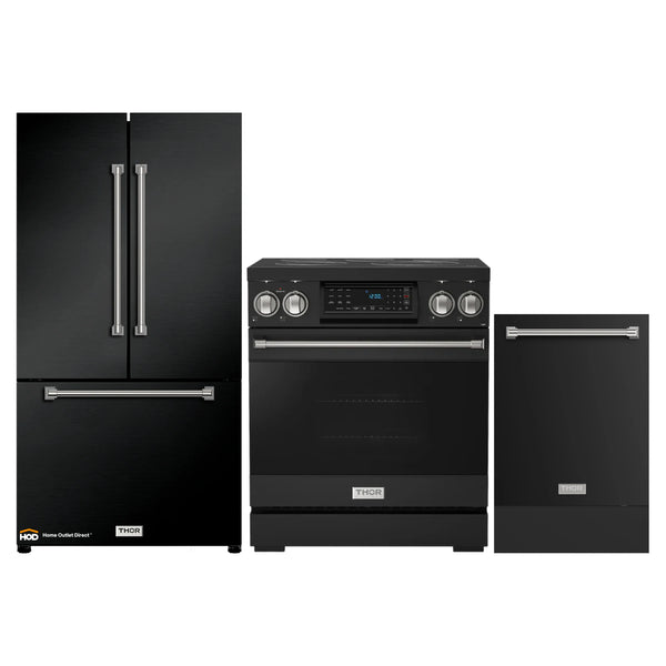 Thor Kitchen Gordon Ramsay 3-Piece Appliance Package - 30-Inch Electric Range with Tilt Panel Touch Control, Refrigerator, and Dishwasher in Black with Stainless Steel Trim